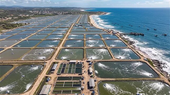 Aerial view of fish farm with ponds growing fish and shrimp and other seafood. Fish hatchery pond aerial view aquaculture with aerator pump oxygenation water near ocean.
