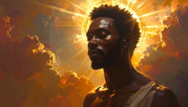 Portrait of a person with closed eyes, surrounded by a radiant golden halo and celestial, sunlit clouds