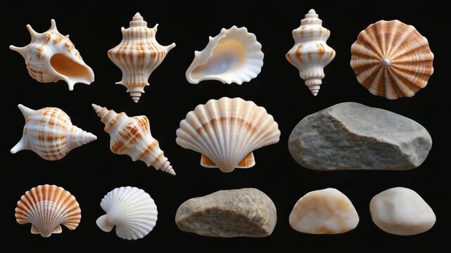 Natural Seashells and Smooth Stones Arranged in Rows on Black Background During Daytime