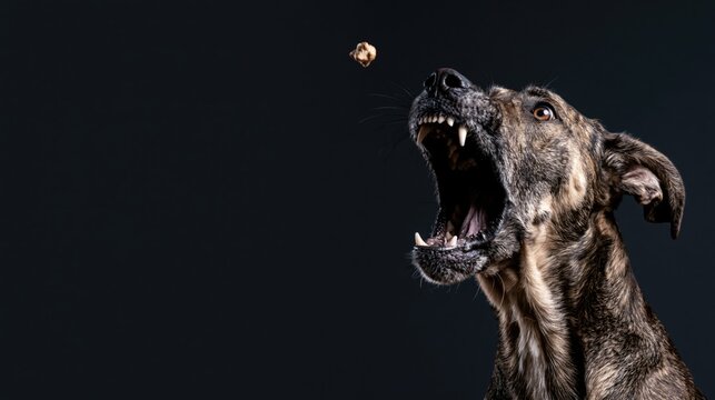 Top performer in focus: A sleek brindle whippet locks onto a floating treat, embodying peak concentration and results-driven determination against a stark black backdrop.