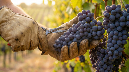 Obraz premium Farmer harvesting ripe purple grapes in a vineyard during the autumn harvest season.