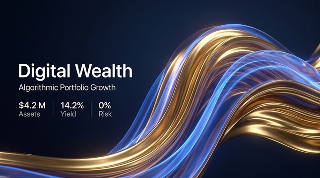 Digital Wealth algorithmic portfolio growth dashboard, financial investment management interface, abstract gold and blue flowing lines background