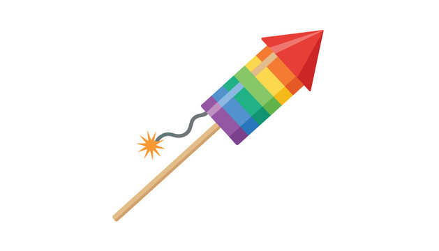 Colorful rainbow themed fireworks rocket with a burning fuse isolated on white background ready for celebration.