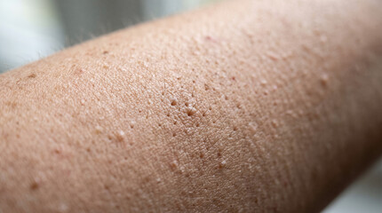 Fototapeta premium Close-up on Skin Texture: Detailed view of human skin, showcasing pores and minor imperfections, revealing the intricate surface of the human body.