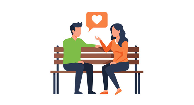 Romantic Couple Talking on a Park Bench Flat Vector Illustration, Man and Woman Dating with Heart Speech Bubble Concept