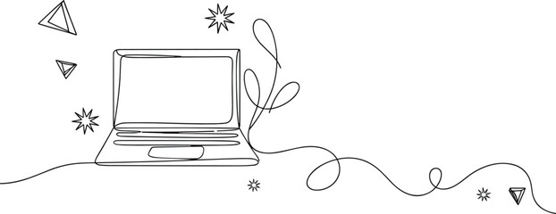 Laptop computer display flat vector illustration. Continuous line art combines the open screen with botanical leaves and geometric stars. © EDEN QUEEN