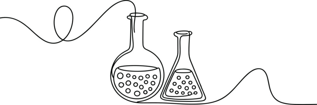 Laboratory flasks science flat vector illustration. Continuous line art depicts a round boiling flask and a conical Erlenmeyer flask with bubbling liquids.