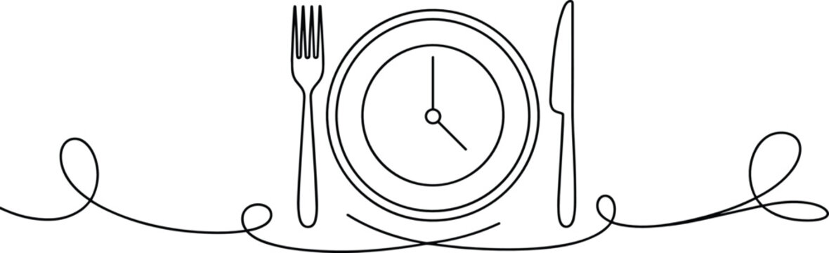 Lunch time clock flat vector illustration. Continuous line art depicts a round plate clock face flanked by a fork and knife.