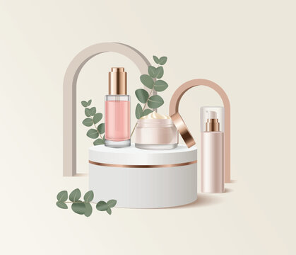 Vector beauty and skincare Cosmetic Mockup  showcased on a modern podium with leaves and soft neutral arches