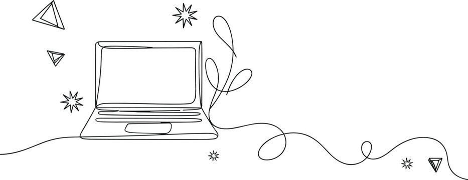 Laptop computer display flat vector illustration. Continuous line art combines the open screen with botanical leaves and geometric stars.