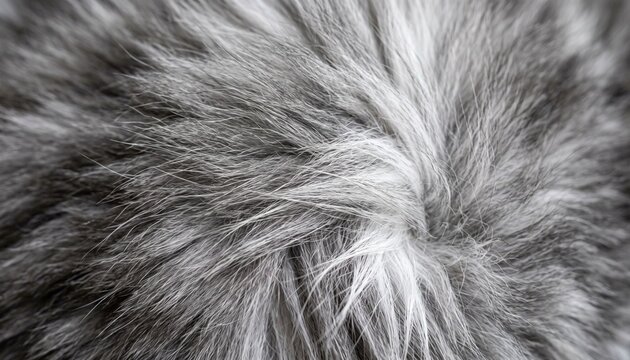 Close-up view of soft, fluffy synthetic fur with gray and white tones, showcasing texture and detail perfect for fashion or design projects.