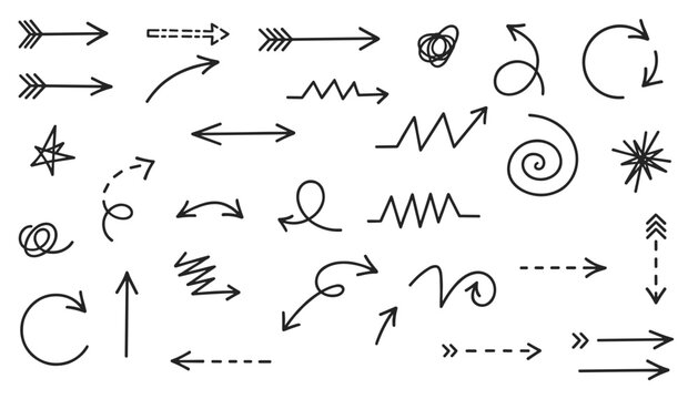Hand drawn arrows and scribble doodles collection showcasing various sketchy pointers, stars, and curly vector design elements.