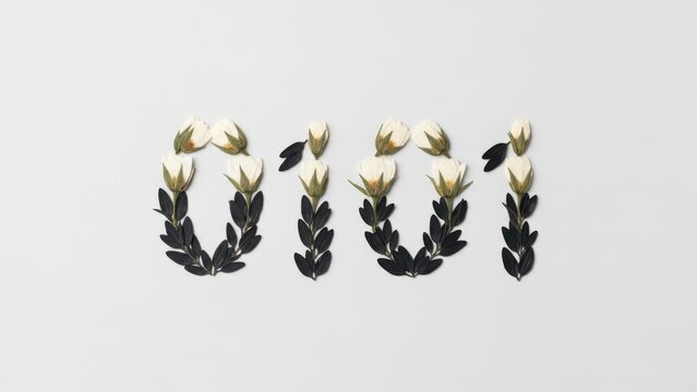 Binary code 0101 made of dried flowers. Floral typography representing digital data concept.