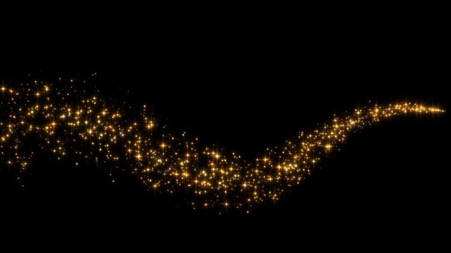 golden stars and gold dust light wave trail strings isolated alpha channel animation, shiny and glowing glitter sparks, Christmas and new year overlay motion design element