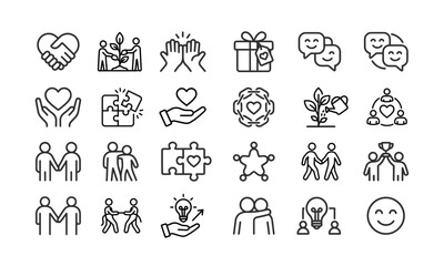 Fototapeta premium Friendship and cooperation line art icons set, minimal vector charity, teamwork and community symbols collection