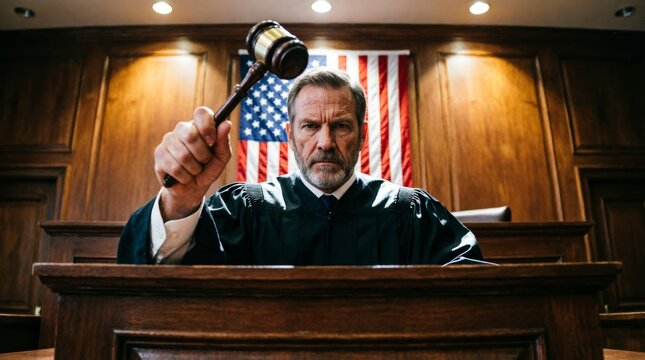 Stern Judge Raising Gavel In American Courtroom Delivering Verdict Under US Flag