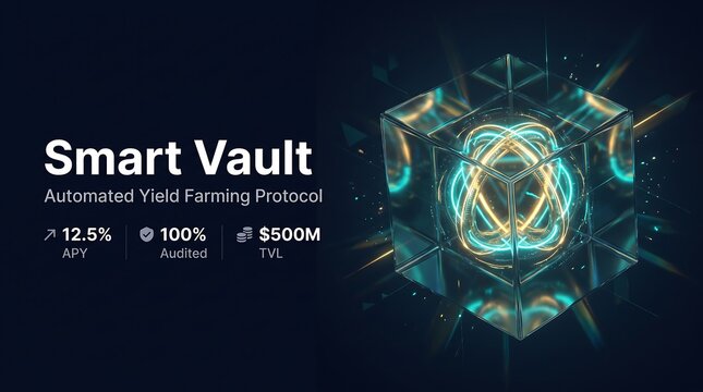 Smart Vault automated yield farming protocol interface, decentralized finance DeFi concept with glowing glass cube, cryptocurrency investment dashboard