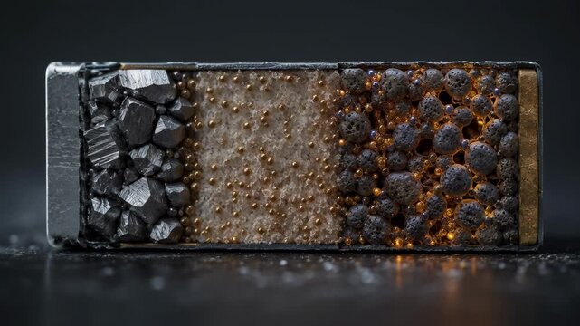 Solid State Battery Cross Section Showing Lithium Ion Transport Through Advanced Energy Storage Cell