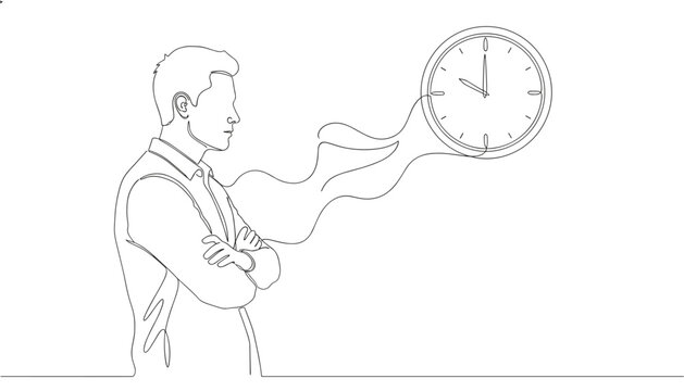 Single line outline drawing of an adult man with arms crossed looking at a wall clock representing time management.