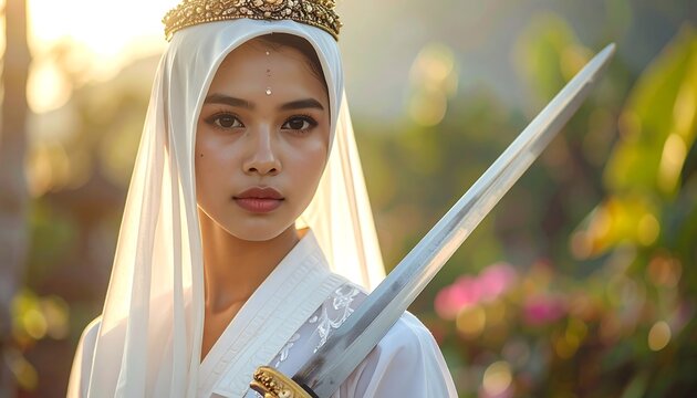 Portrait of a woman adorned with a golden crown, holding a sword. She wears a white veil, set amidst sunlit greenery