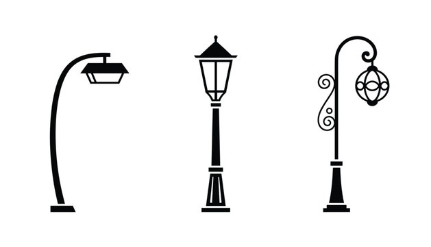 Silhouette collection of three distinct vintage and modern street lamp posts isolated on a clean white background.