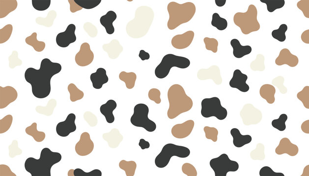 Seamless vector pattern of organic abstract black and brown spots on a white background representing cow print texture.