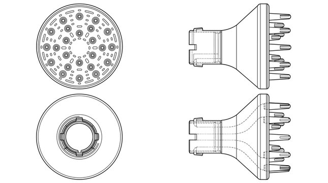 Diffuser attachment hair dryer accessory technical drawing blueprint with front side back and side views CAD line art vector illustration