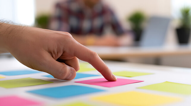 A male hand points to a vibrant pink sticky note on a white surface, surrounded by other colorful notes in a collaborative office setting
