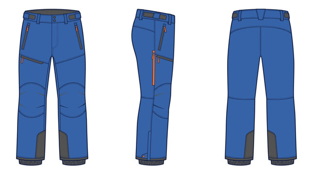 Ski pants with front side and back views winter sports apparel mockup template vector illustration