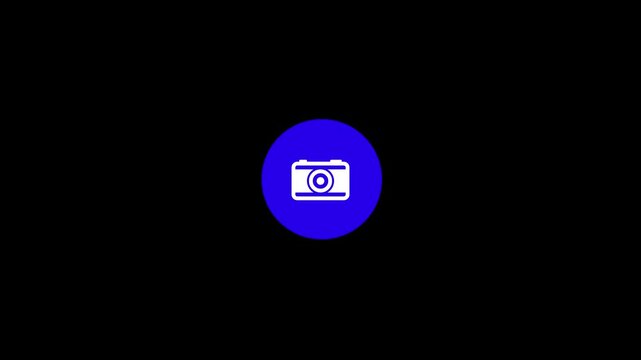 Minimalist camera icon animation, blue glowing circle button on black background, digital photography and media interface element