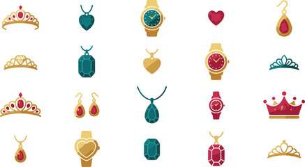 Luxury gold jewelry and premium wrist watches vector icons collection featuring tiaras necklaces earrings and precious gemstone pendants © mdtanjimul