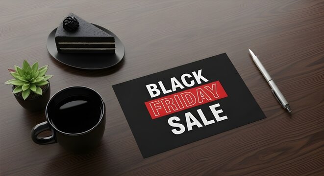 Black friday sale promotional flyer mockup on a wooden desk with a cup of coffee, a slice of cake, and a succulent plant, top view