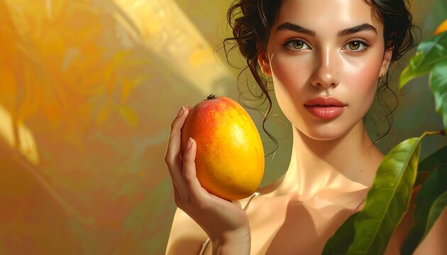 Portrait of a woman holding a ripe mango. Her skin glows in soft, golden light. A lush branch frames the shot