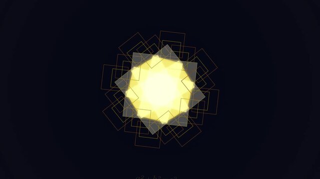Abstract yellow geometric shapes rotating on a dark background