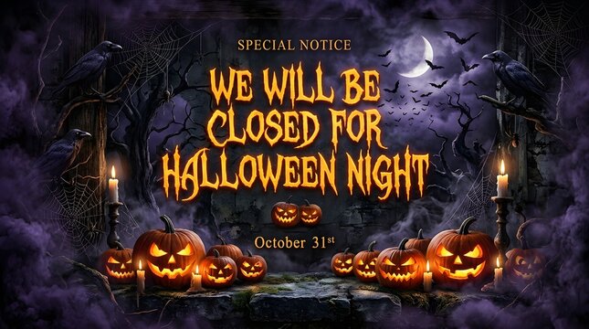 Halloween night closure sign with spooky pumpkins, ravens, and moonlight background special notice announcement for october 31st holiday closure