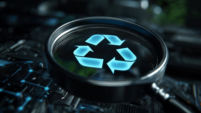 A magnifying glass examining a recycling symbol among electronic components, representing sustainable technology
