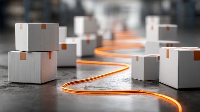 Shipping boxes connected by an illuminated distribution route, representing supply chain coordination, parcel tracking
