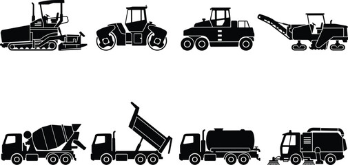 Road construction machinery black silhouettes set featuring asphalt paver road roller cement mixer dump truck street sweeper vector illustration © Robiul