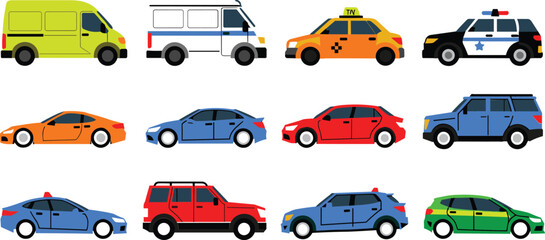 Urban transportation and city vehicles flat vector graphic collection featuring side view icons of colorful cars vans taxis and police cruisers © mdtanjimul