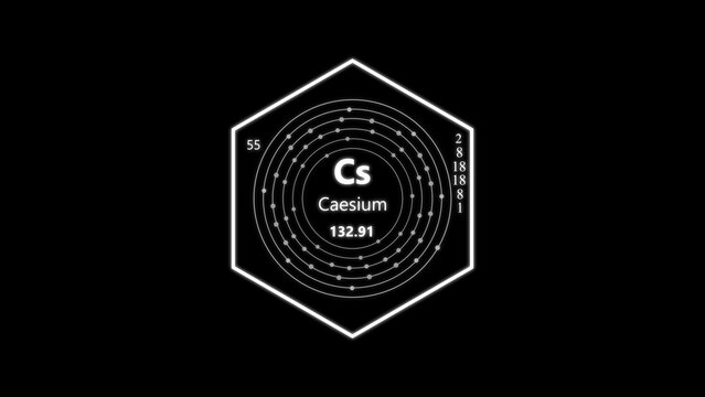 Caesium symbol in a hexagonal frame with bohr model electron shell diagram, atomic number 55 and atomic mass 132.91 on black background
