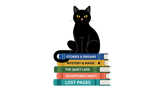 Black cat sitting on a stack of books, whimsical literary feline illustration, mystery and magic book collection vector, cozy library aesthetic