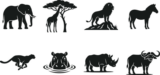 Set of African safari wildlife animals black vector silhouettes collection isolated on a white background © Robiul