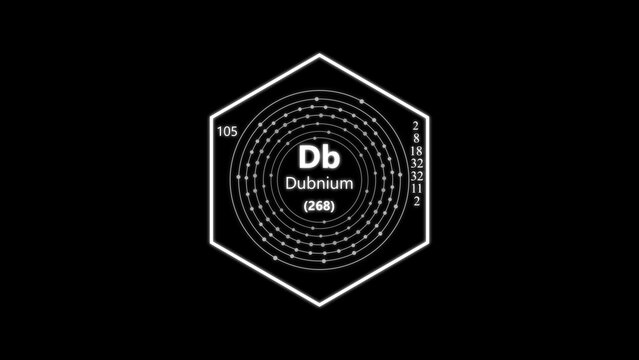 Dubnium chemical symbol with atomic number 105, electron shell diagram, and mass number 268 inside a hexagonal border
