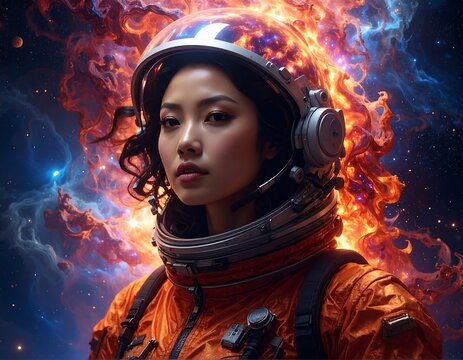 Portrait of a woman in an astronaut helmet and suit, against a backdrop of swirling cosmic nebula
