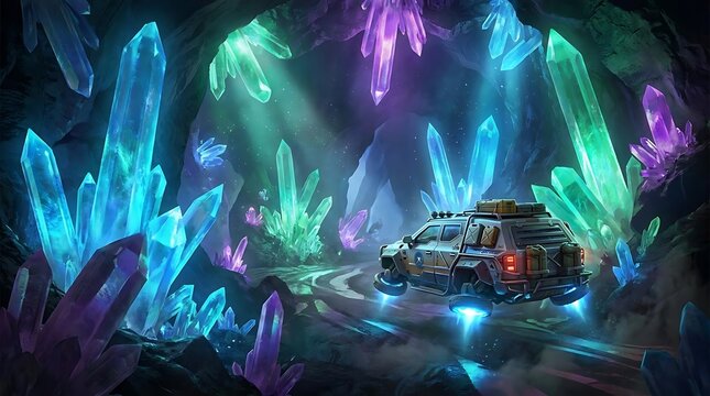 Futuristic off-road vehicle inside glowing crystal cave.