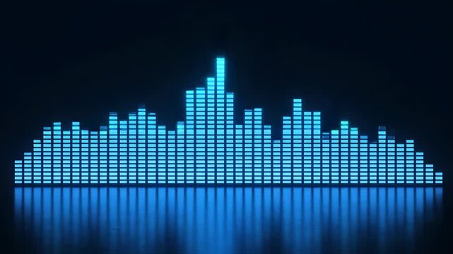 Digital audio equalizer graphic with glowing blue bars representing sound waves and music frequency levels on a dark background