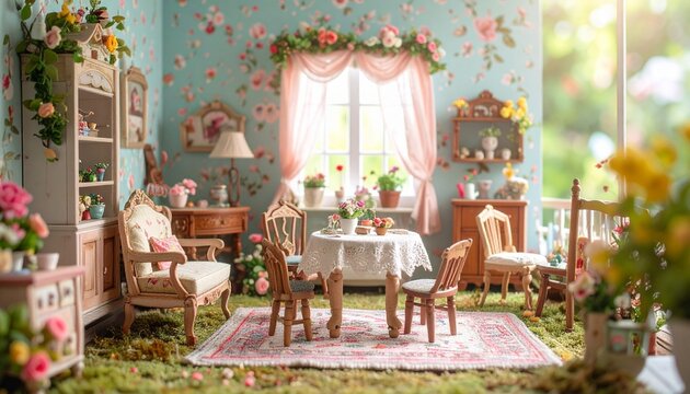 Vintage outdoor caf? with rattan furniture and floral decor.