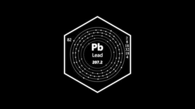 Lead chemical symbol pb with atomic structure diagram, electron shells, and atomic number inside a white hexagon