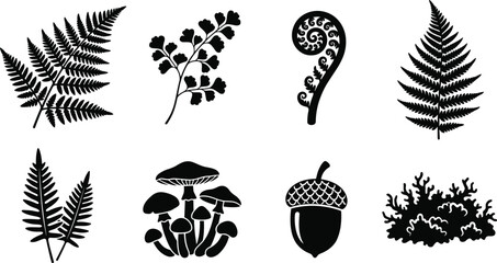 Set of forest fern leaves wild mushrooms and oak acorn pitch black solid silhouette vector icons isolated on white background © Robiul
