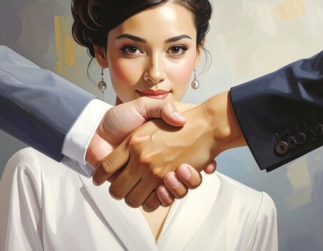 Portrait of a woman smiling, handshake with blurred arms, pearls, professional attire, soft lighting, business deal